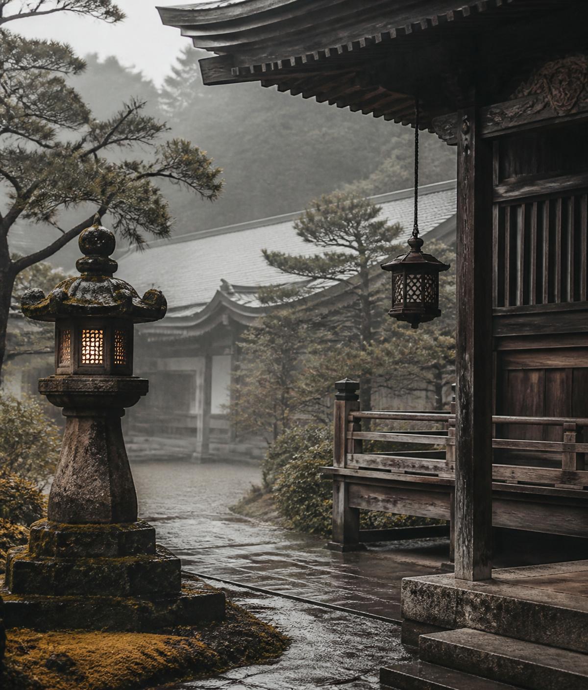 Traditioneller japanischer Tempel im Morgennebel