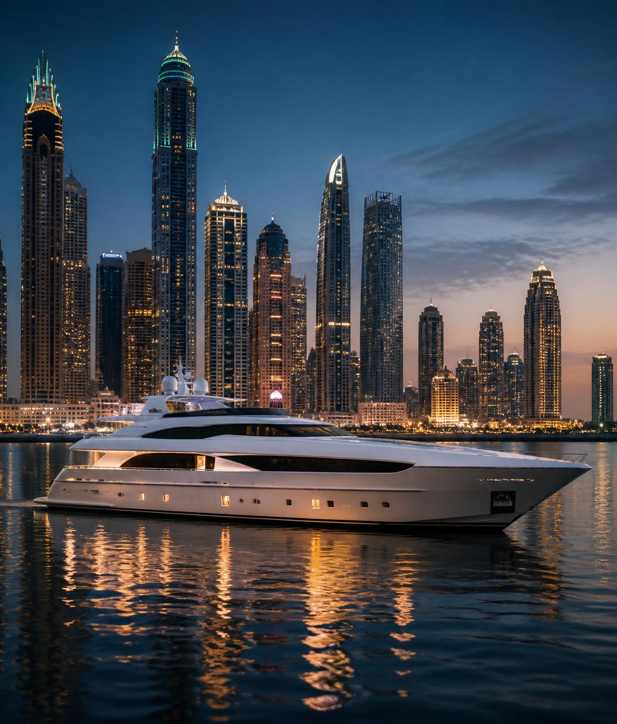 Yacht vor einer Skyline zur blauen Stunde