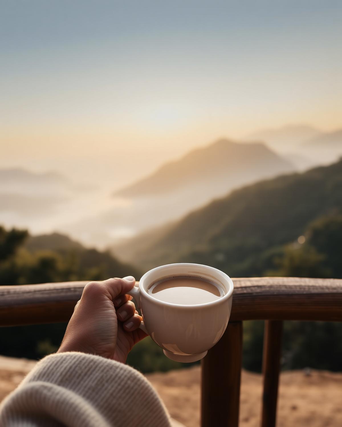 Morgendlicher Kaffee mit Blick auf nebelverhangene Berge