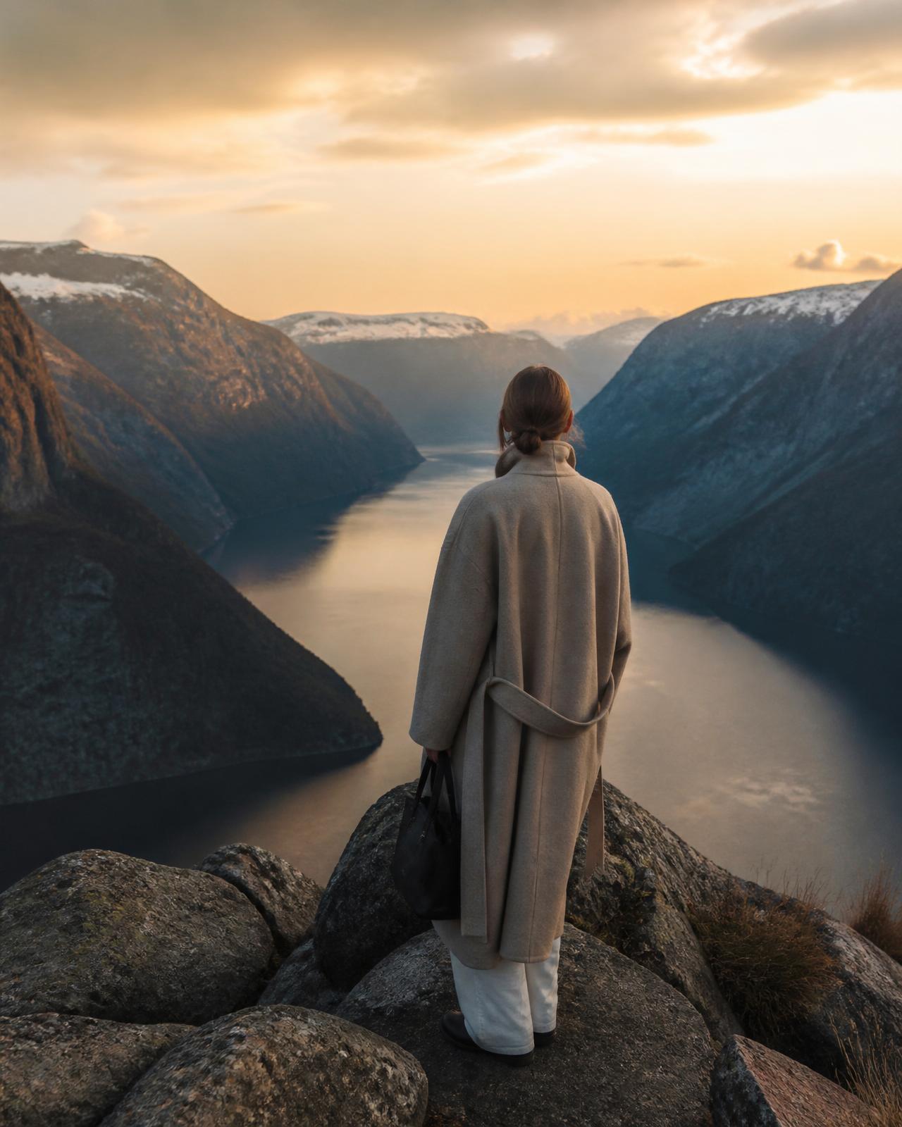 Reisende blickt über einen Fjord im Abendlicht
