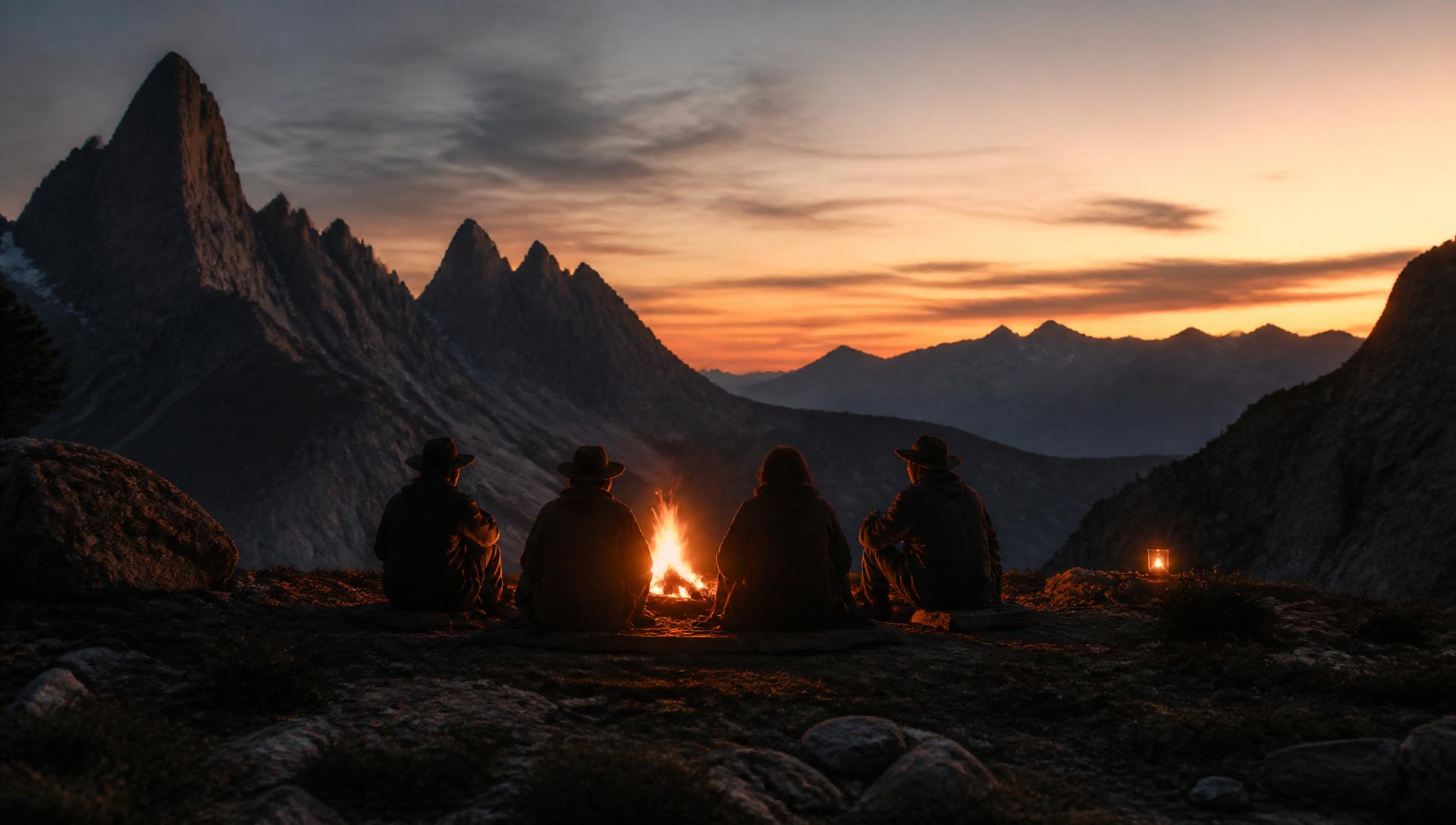 Menschen sitzen am Lagerfeuer in den Bergen bei Sonnenuntergang
